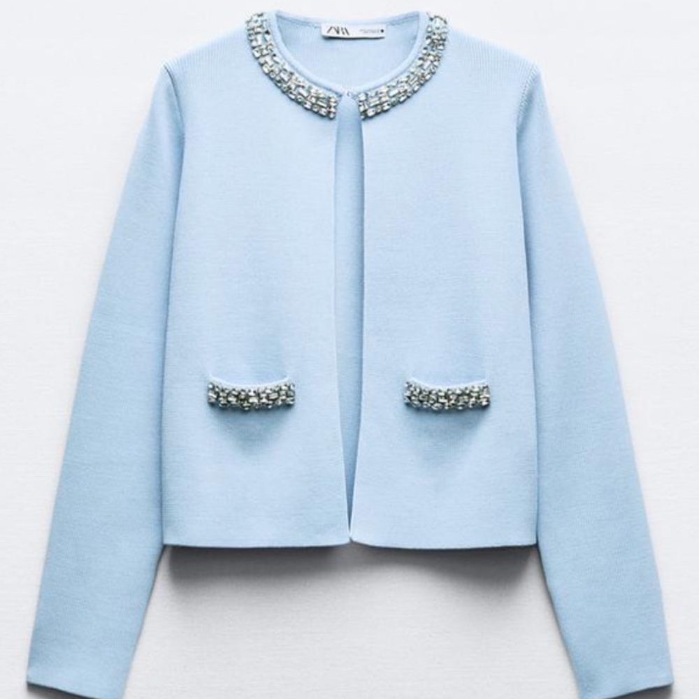 ZARA WOMAN JEWEL PLAIN KNIT CARDIGAN LIGHT BLUE SIZE L NEW WITH TAGS
